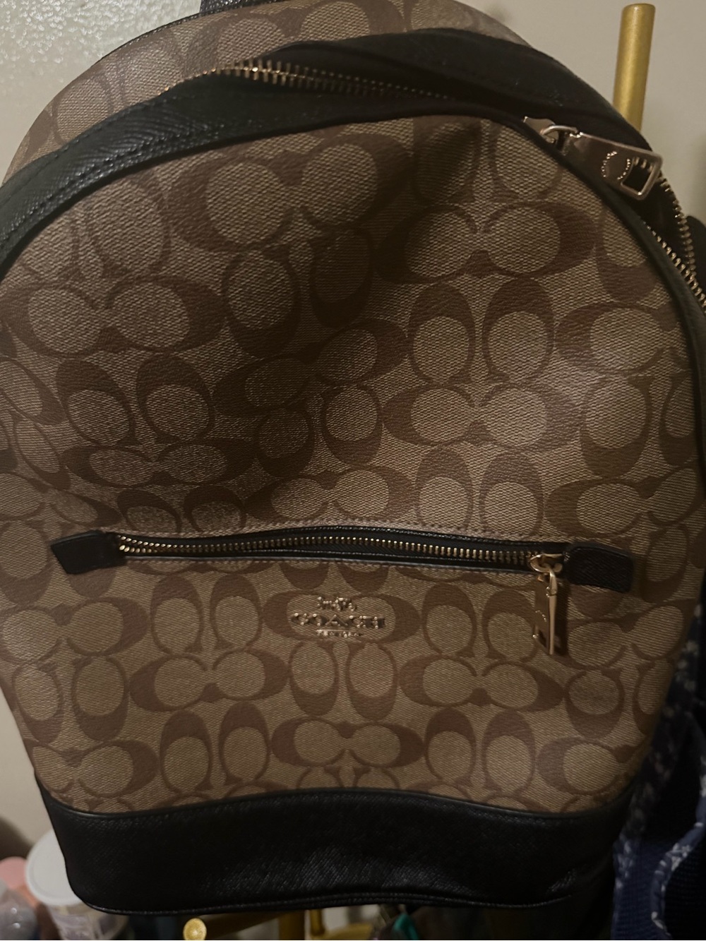 Coach Brown Signature Canvas Backpack with Black Trim and Gold Hardware